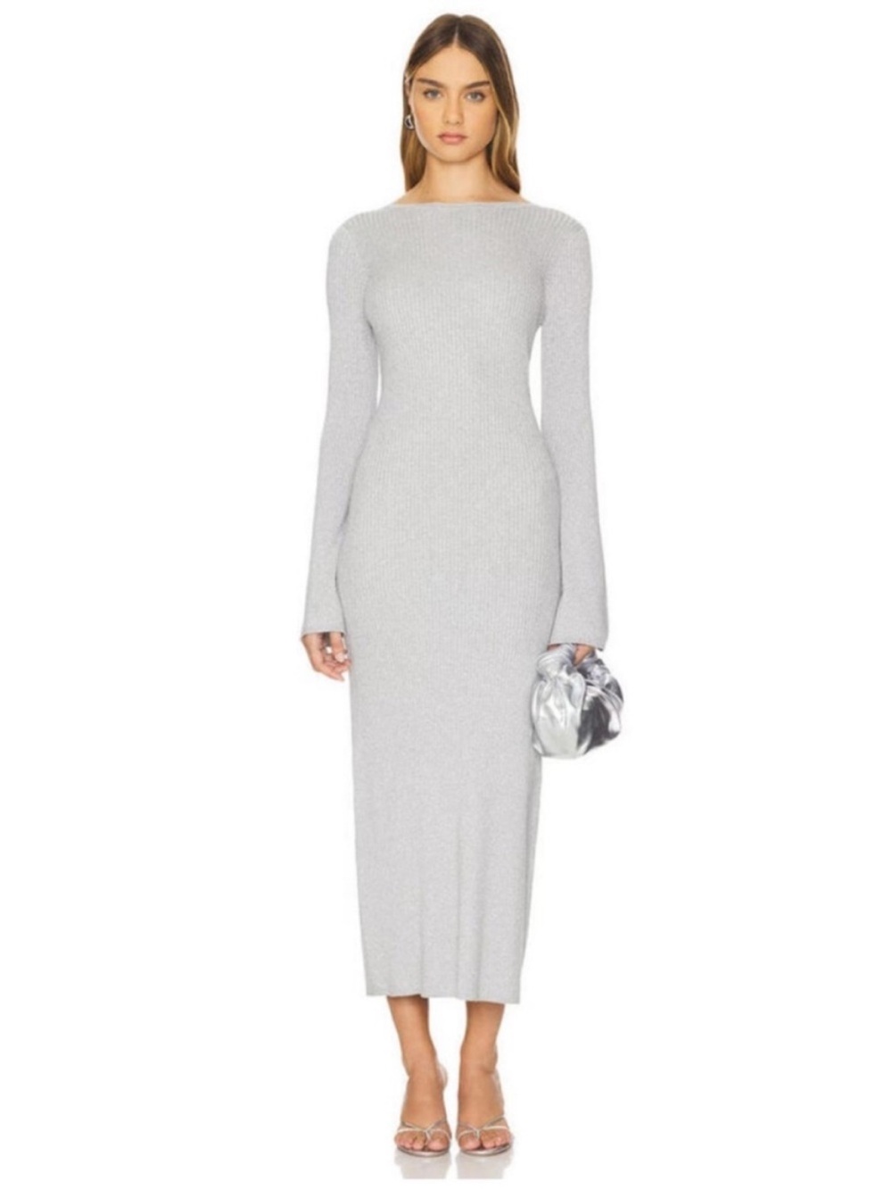 Show Me Your MuMu Silver Ribbed Long Sleeve Midi Dress size M chic holiday 90s